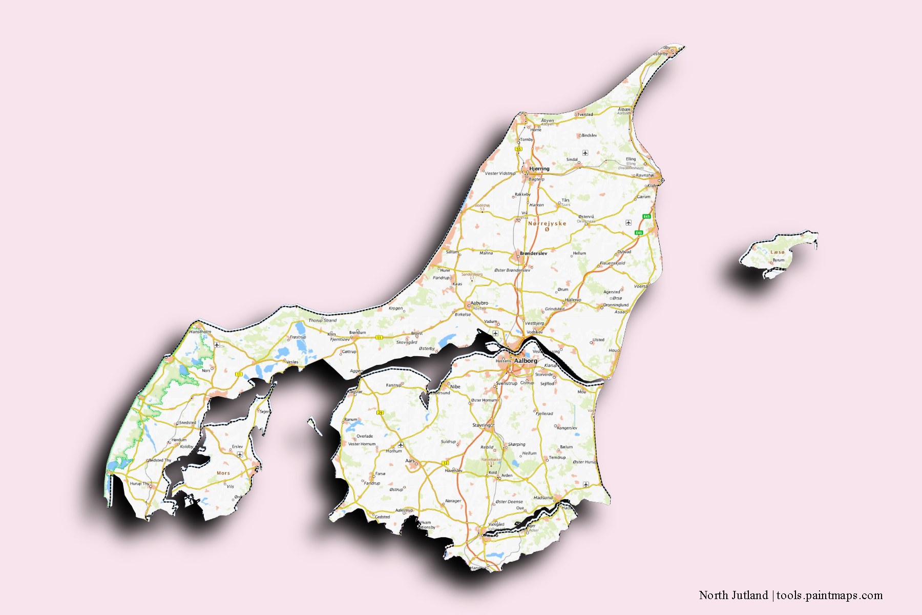 North Jutland and counties map with 3D shadow effect