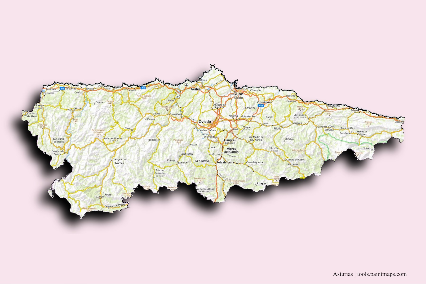 3D gölge efektli Asturias ve ilçeleri haritası