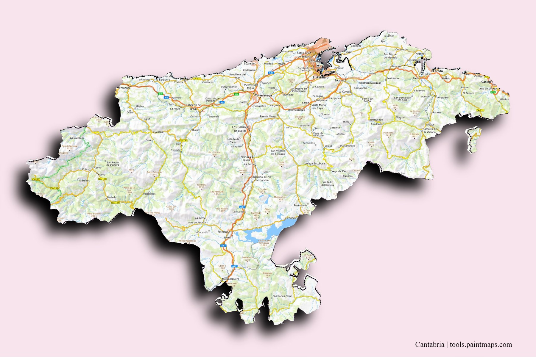 Mapa de Cantabria y sus distritos con efecto de sombra 3D