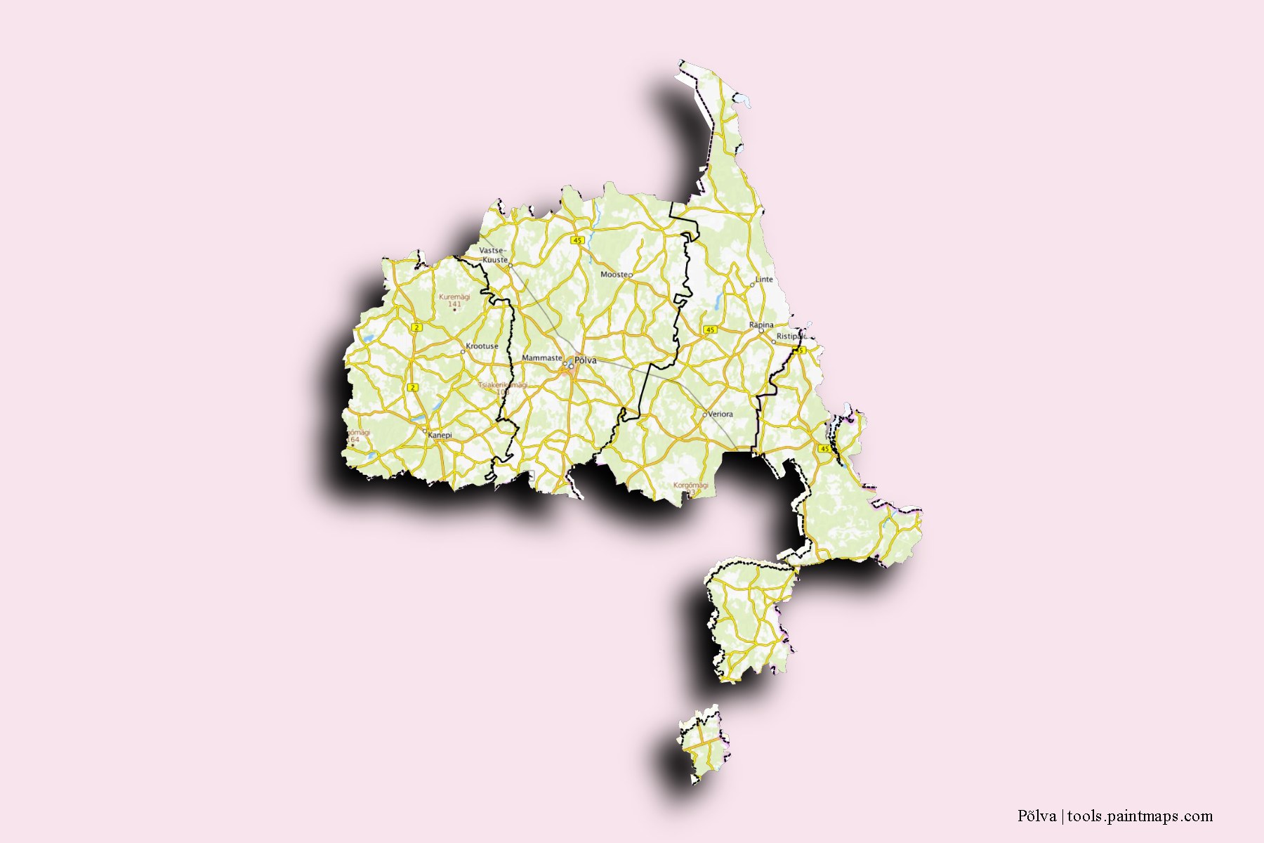 Põlva and counties map with 3D shadow effect