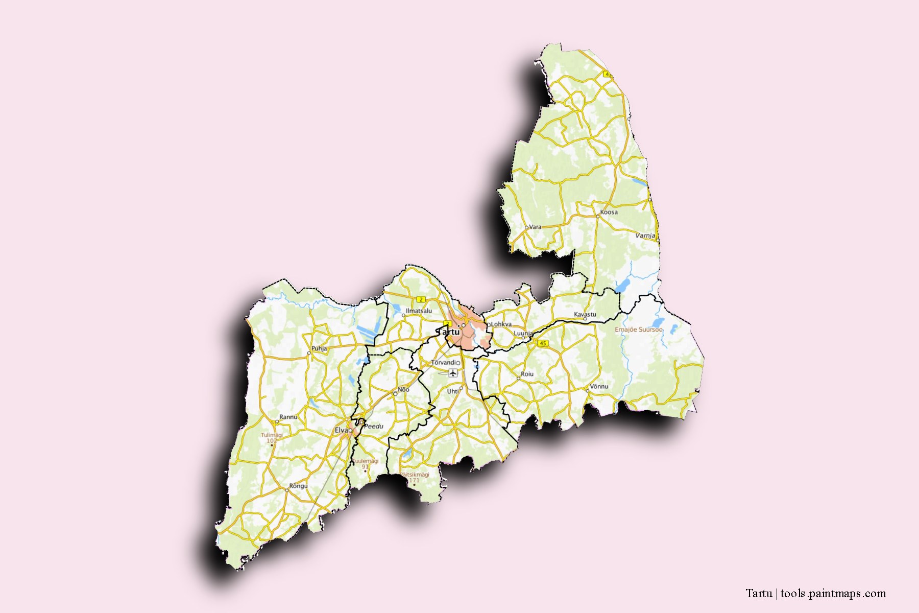 3D gölge efektli Tartu ili ve ilçeleri haritası