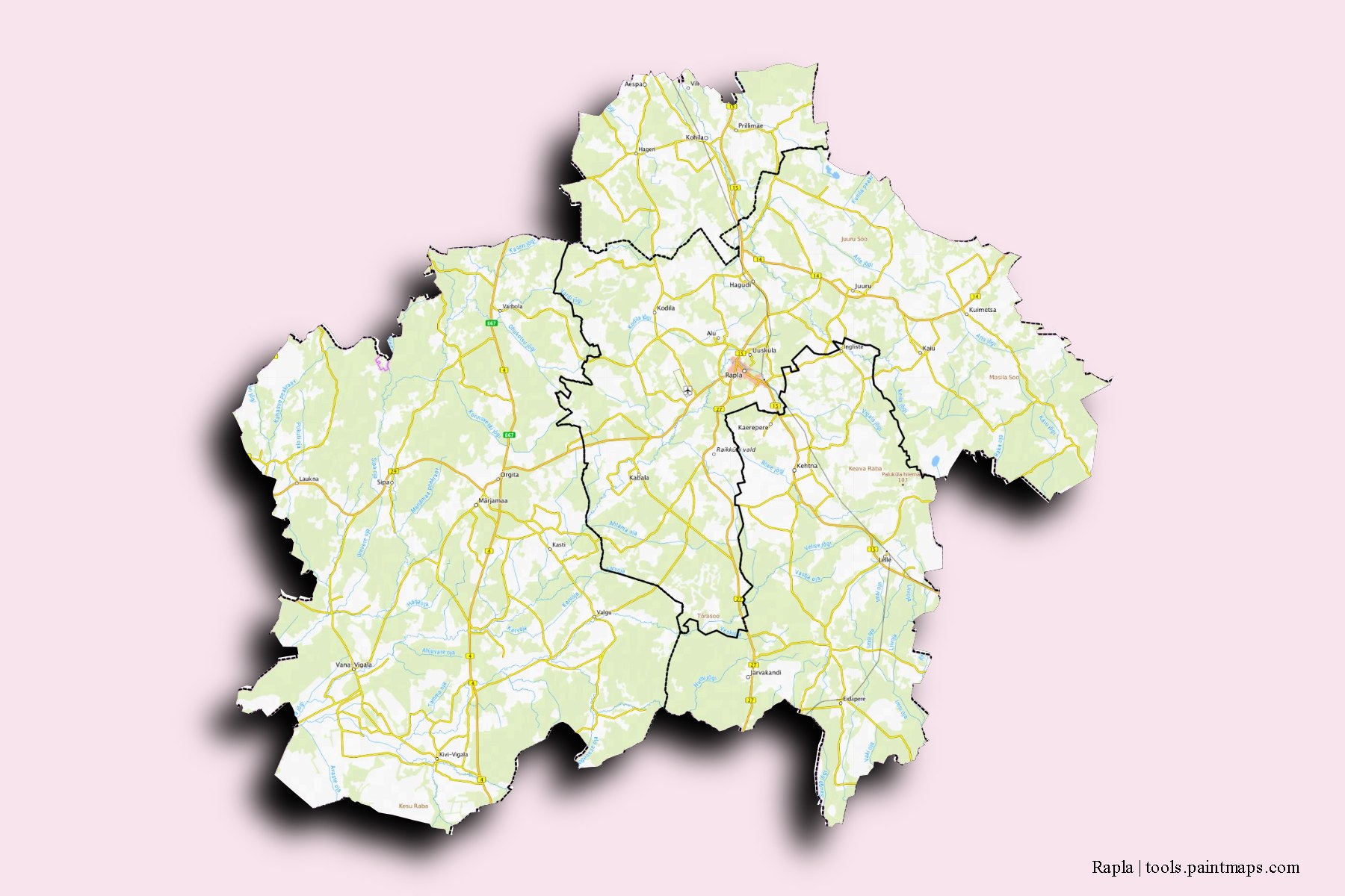 Mapa de Rapla y sus distritos con efecto de sombra 3D