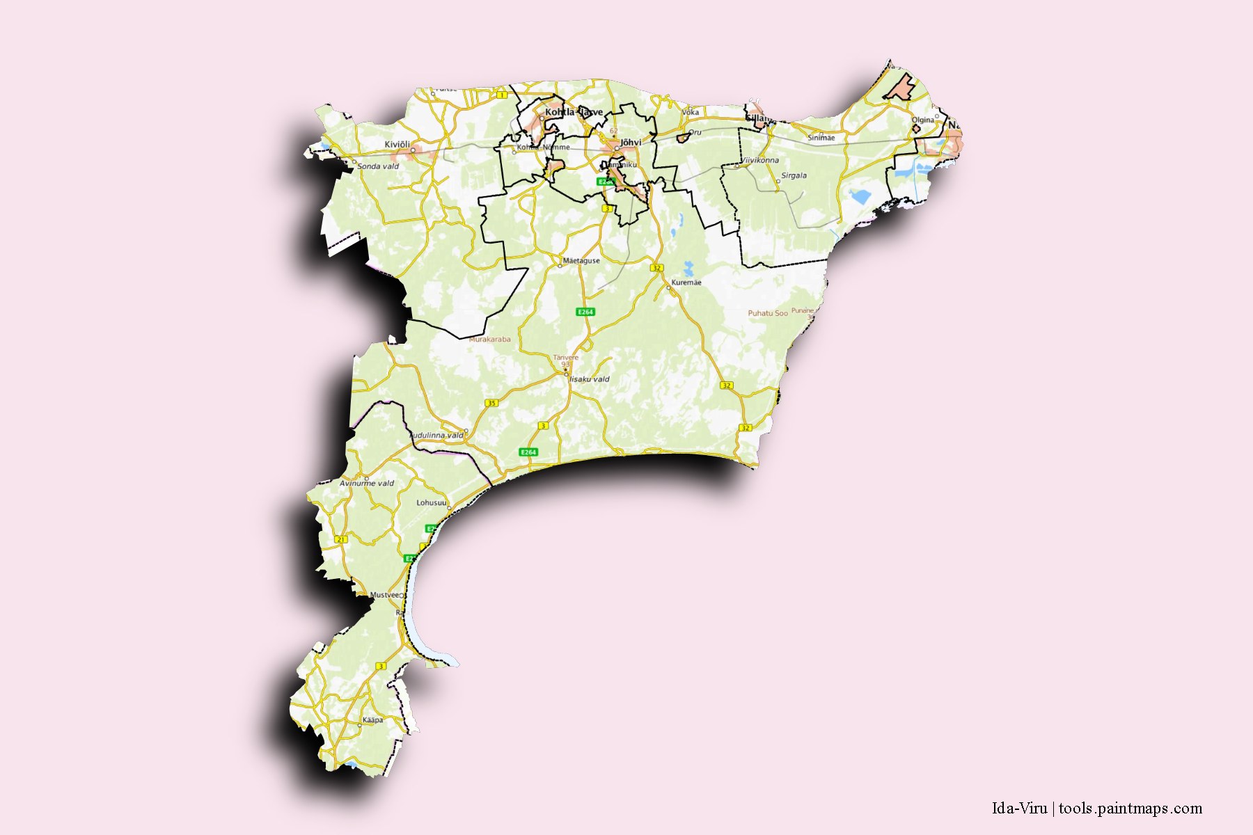 3D gölge efektli Ida-Viru ili ve ilçeleri haritası