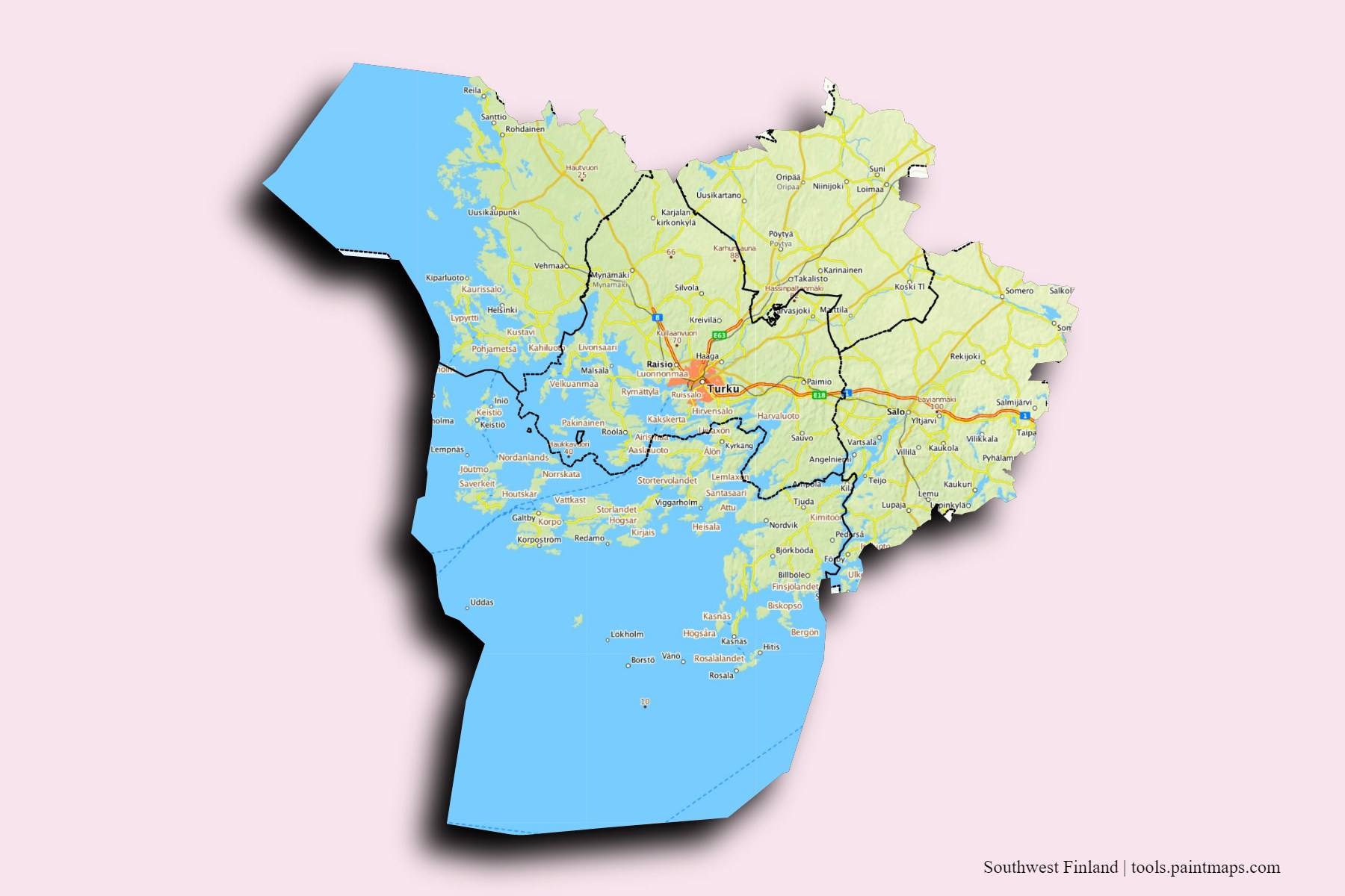 3D gölge efektli Güneybatı Finlandiya ve ilçeleri haritası