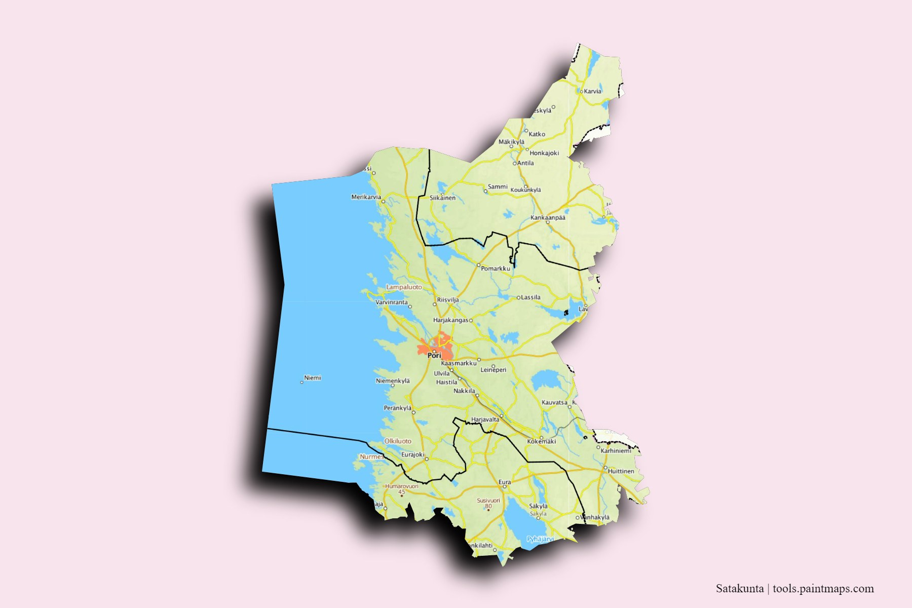 Satakunta and counties map with 3D shadow effect