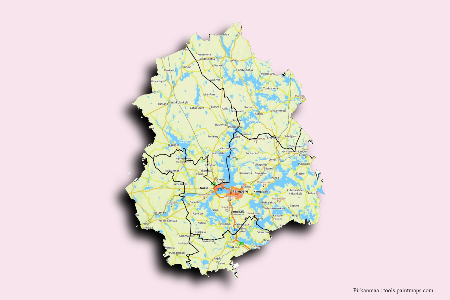 Mapa de Pirkanmaa y sus distritos con efecto de sombra 3D