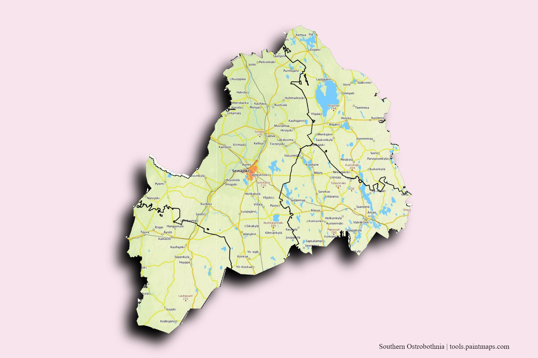 Southern Ostrobothnia and counties map with 3D shadow effect