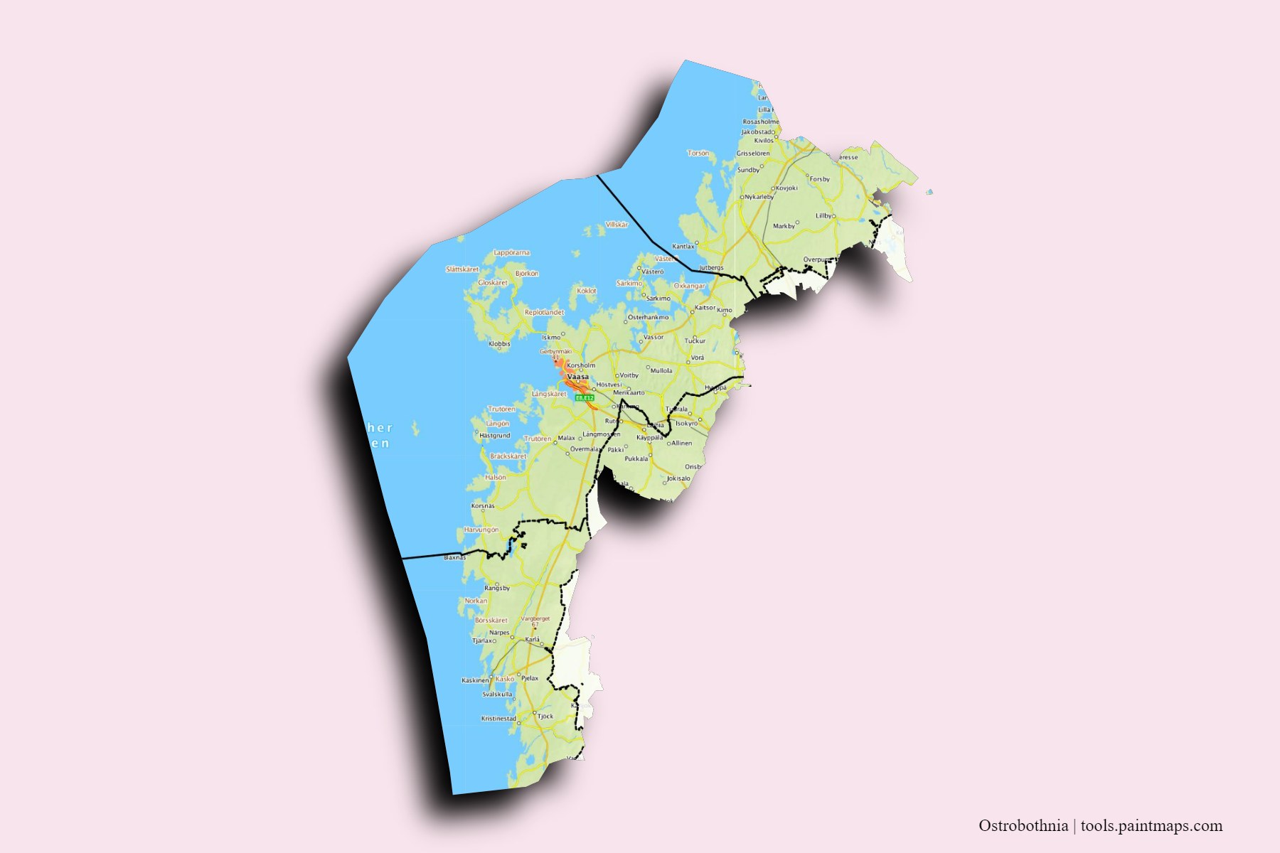 Ostrobothnia and counties map with 3D shadow effect