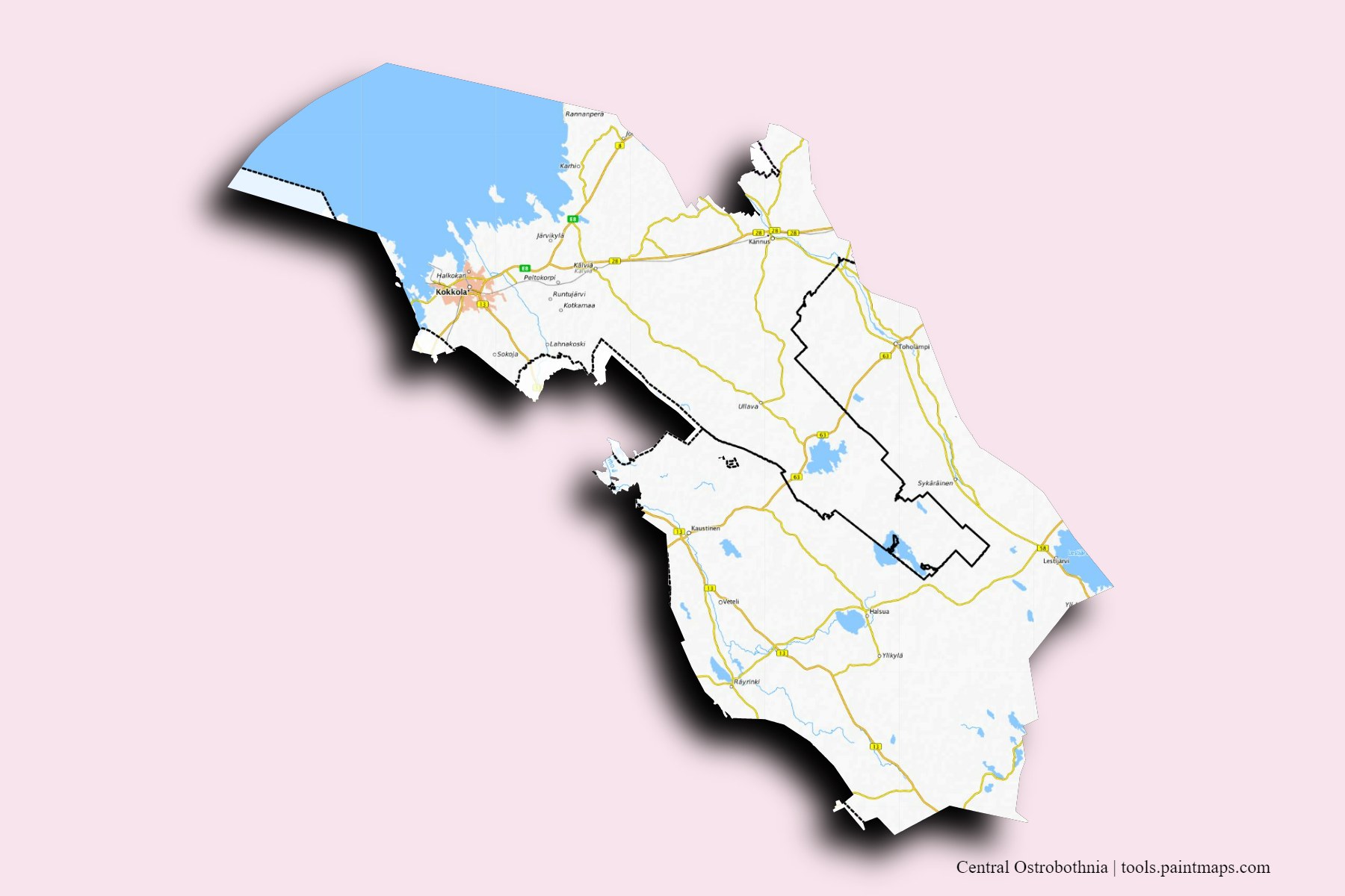 Mapa de Central Ostrobothnia y sus distritos con efecto de sombra 3D