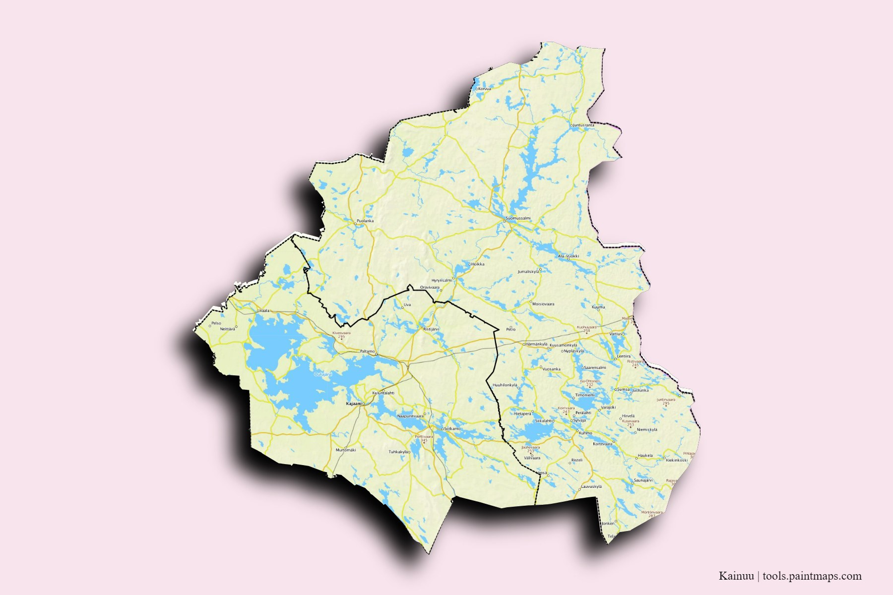 Kainuu and counties map with 3D shadow effect