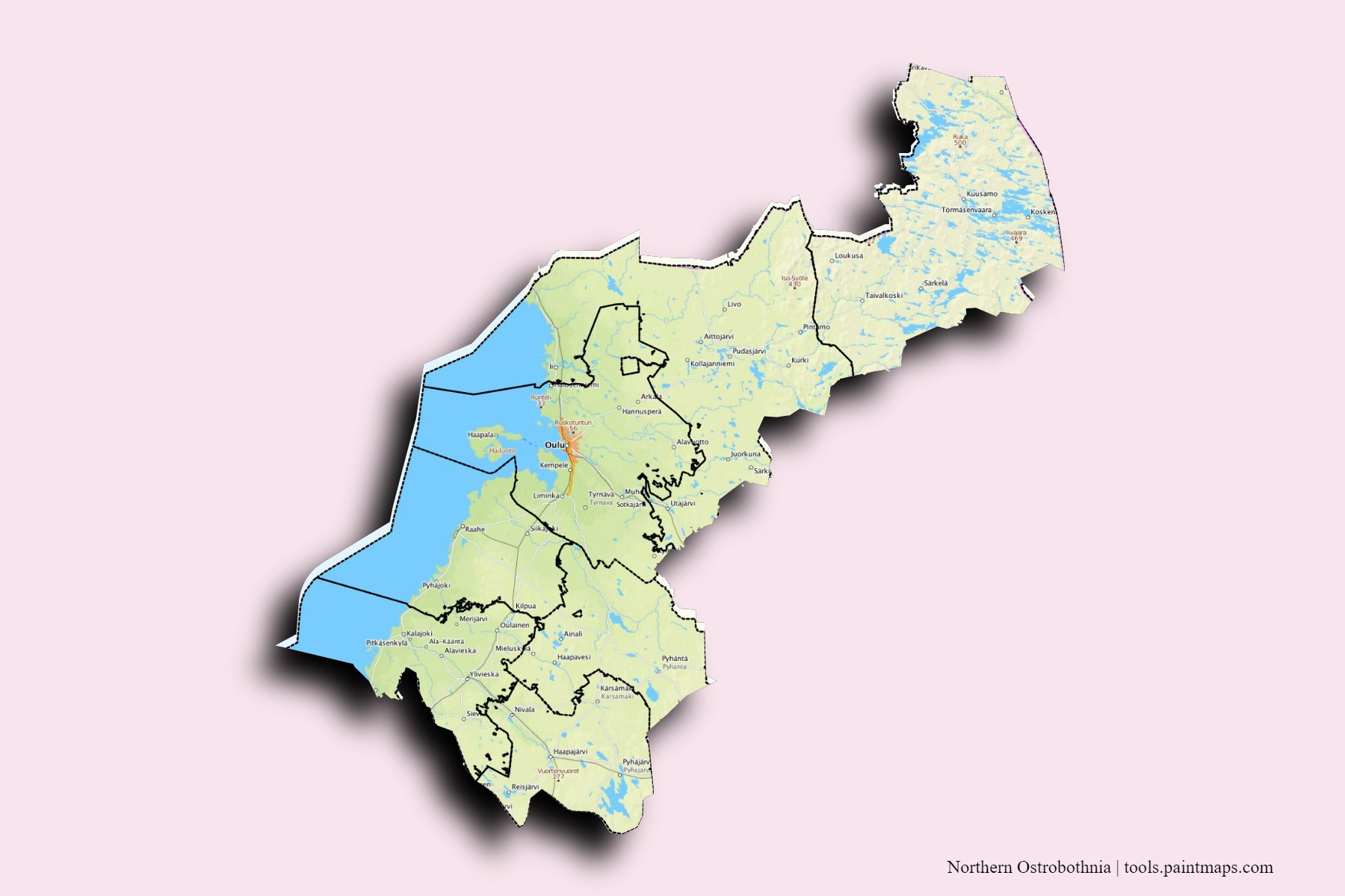 3D gölge efektli Kuzey Ostrobothnia ve ilçeleri haritası