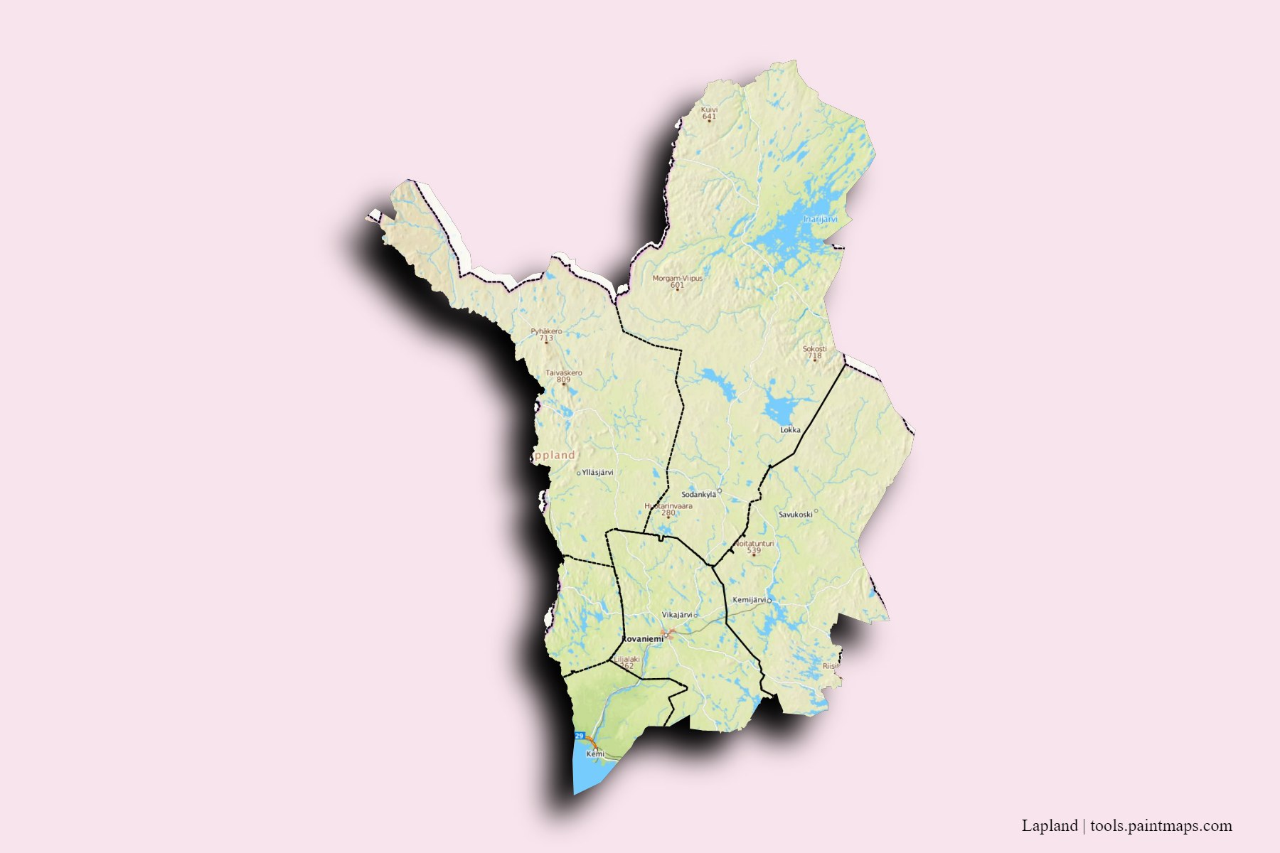 Lapland and counties map with 3D shadow effect