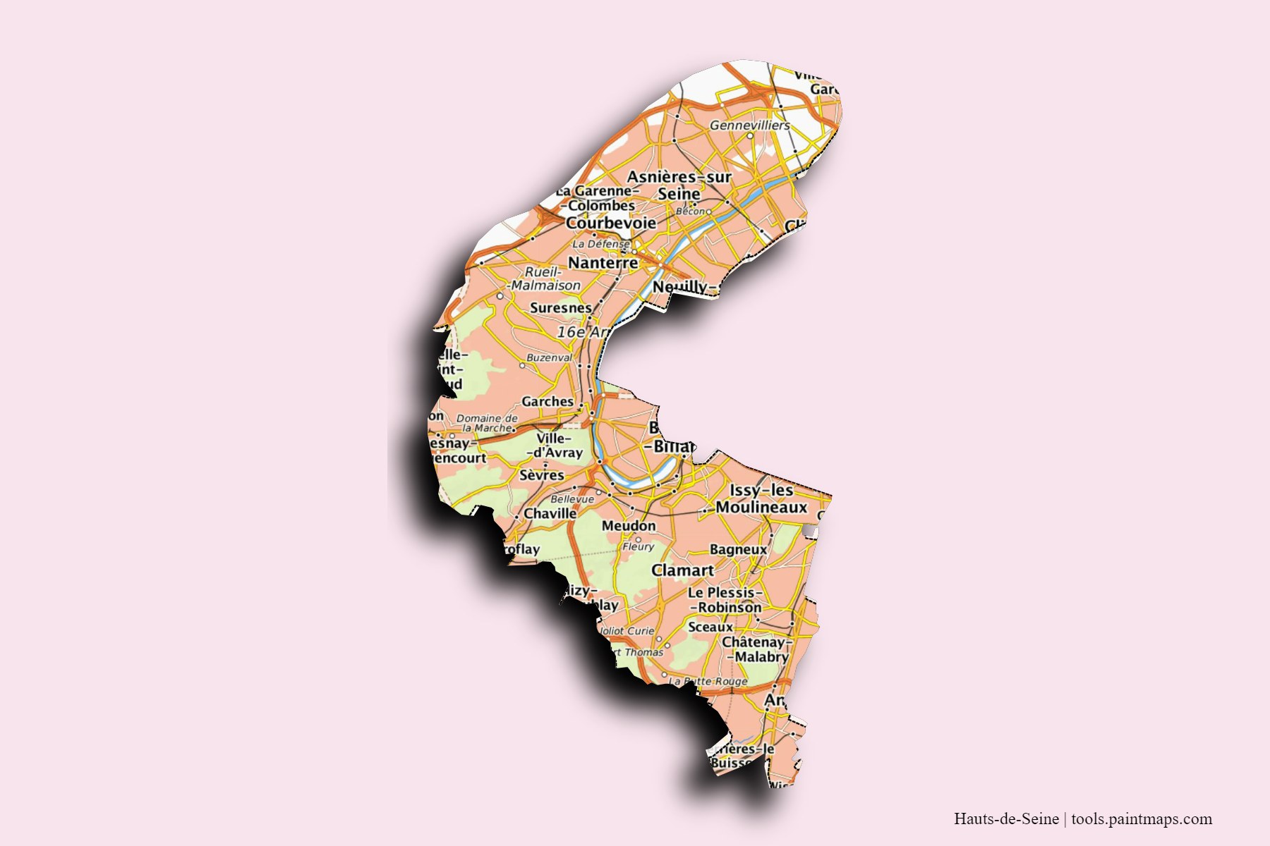 Hauts-de-Seine and counties map with 3D shadow effect