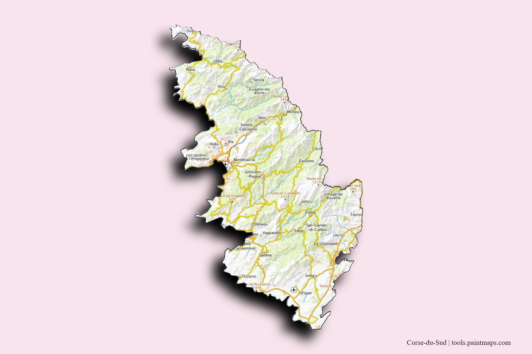 Corse-du-Sud and counties map with 3D shadow effect