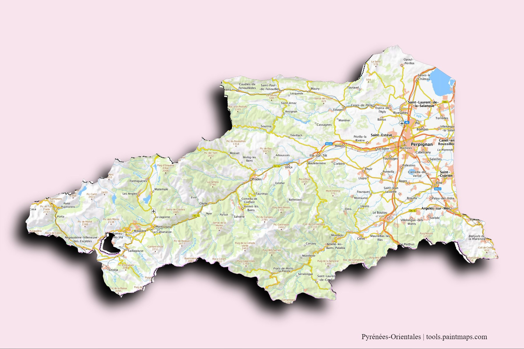 Pyrénées-Orientales and counties map with 3D shadow effect