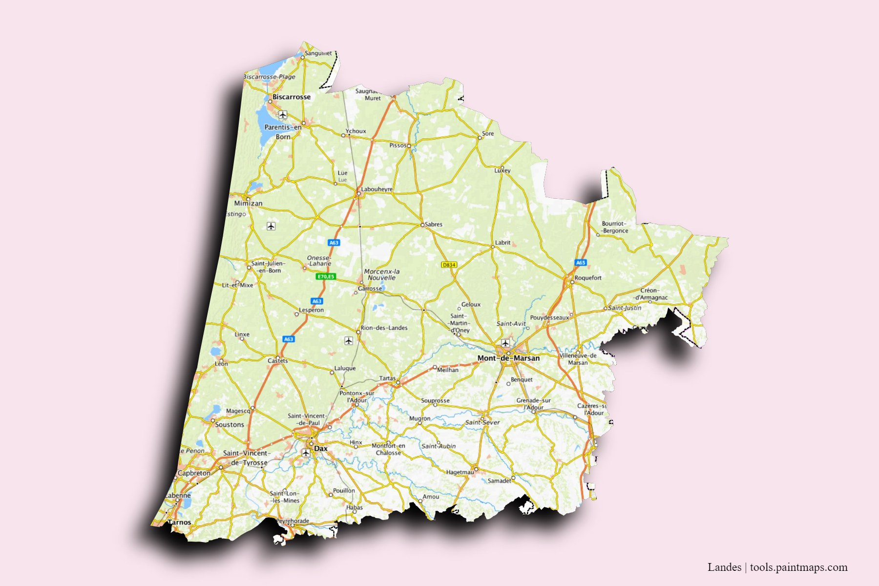 Landes and counties map with 3D shadow effect