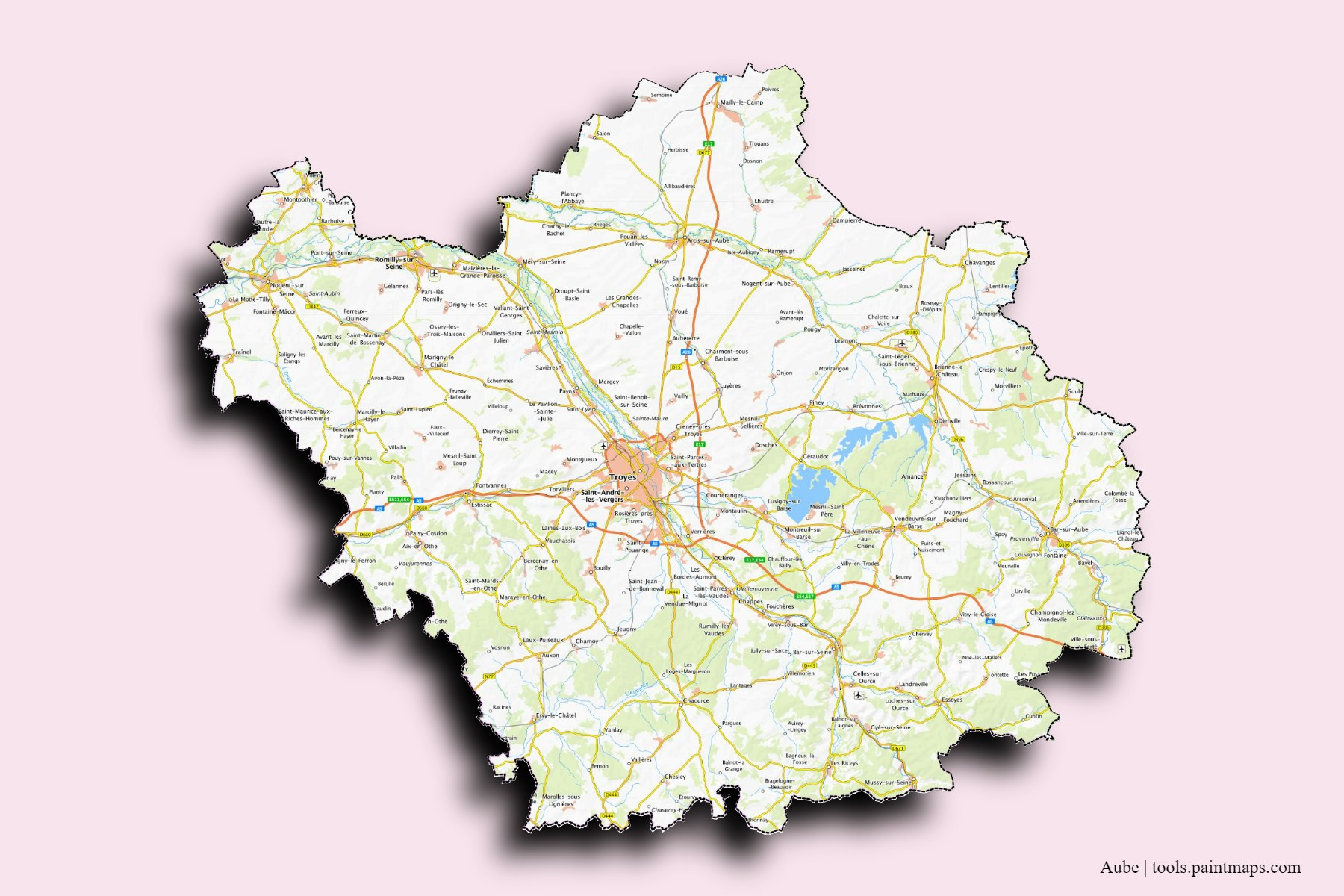 Aube and counties map with 3D shadow effect