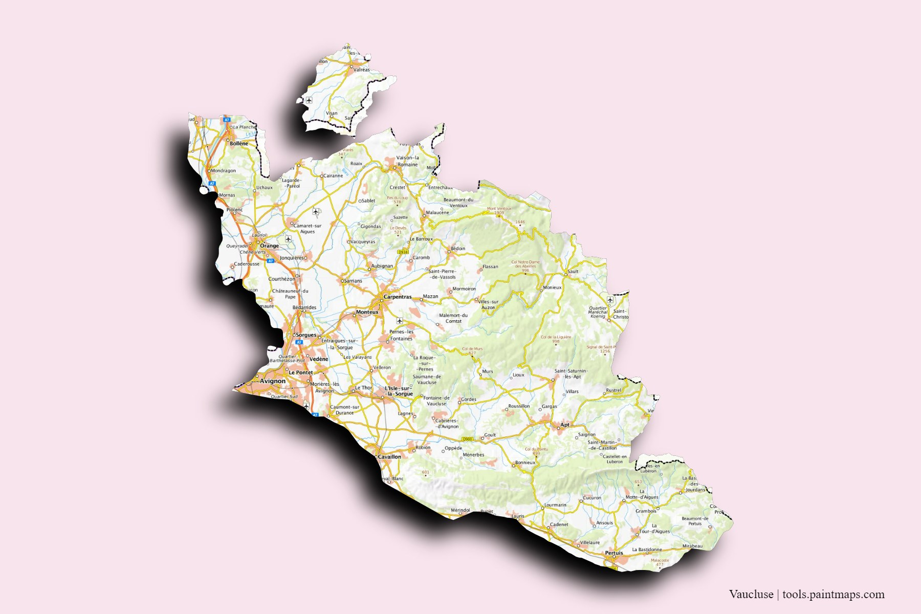 Vaucluse and counties map with 3D shadow effect