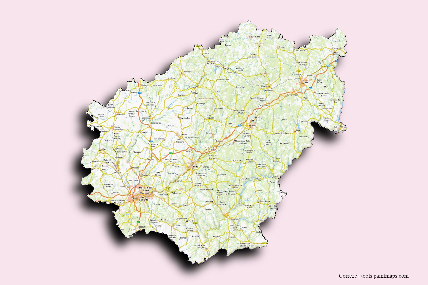 Corrèze and counties map with 3D shadow effect