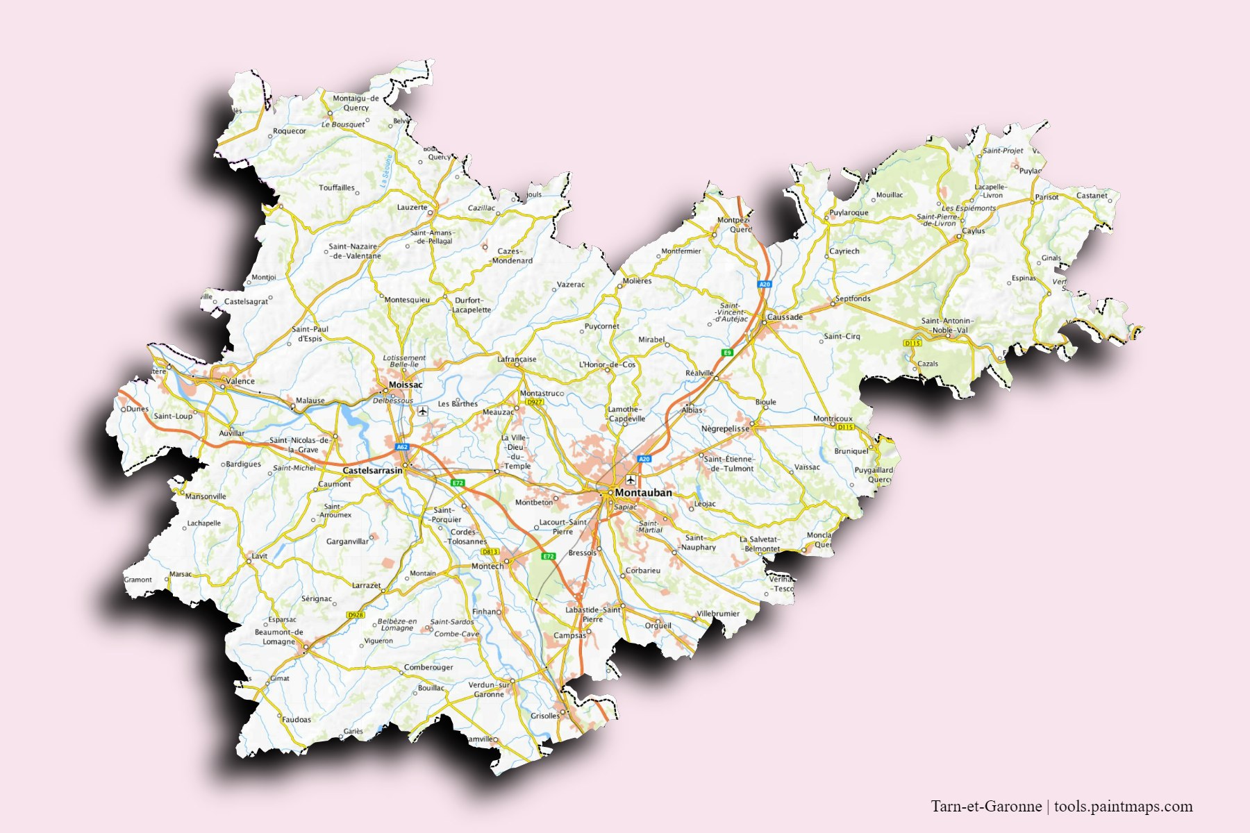 Tarn-et-Garonne and counties map with 3D shadow effect