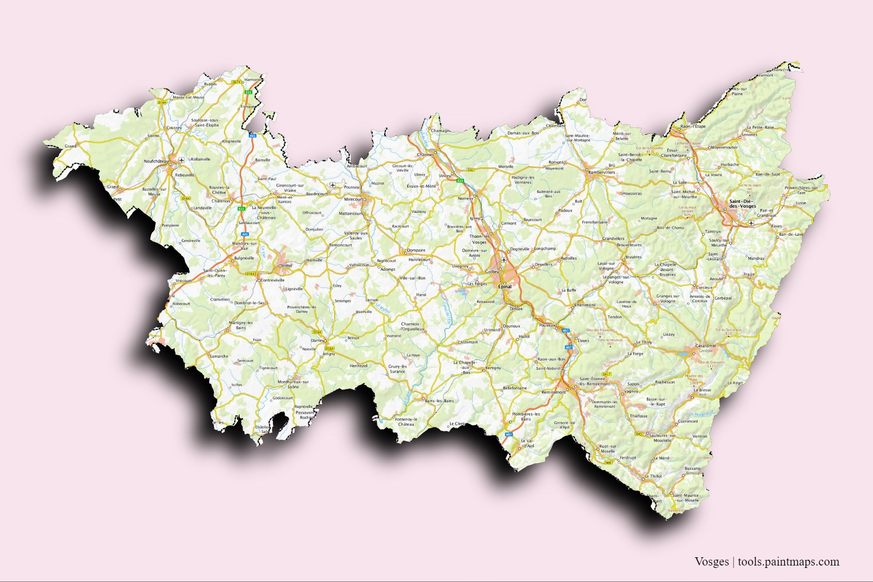 Vosges and counties map with 3D shadow effect