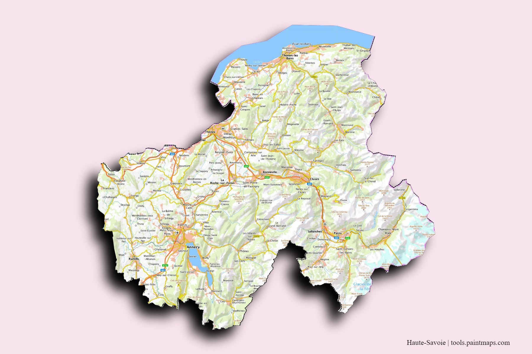 Mapa de Haute-Savoie y sus distritos con efecto de sombra 3D