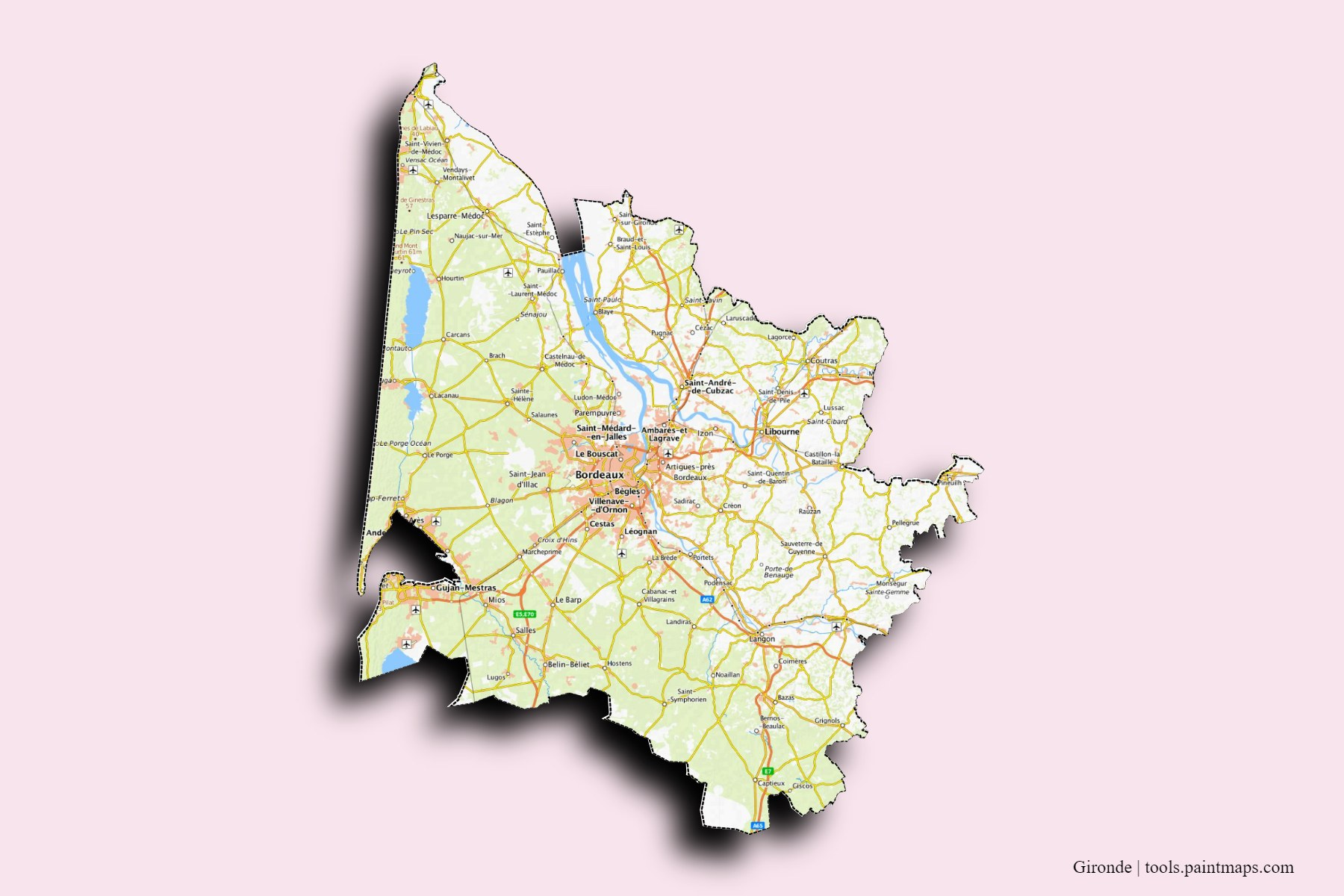 Mapa de Gironde y sus distritos con efecto de sombra 3D