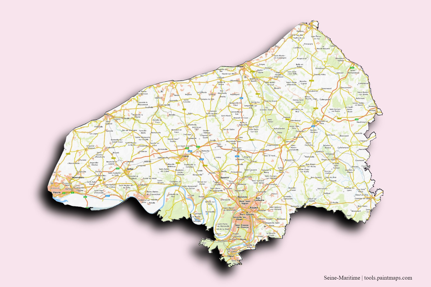 Seine-Maritime and counties map with 3D shadow effect