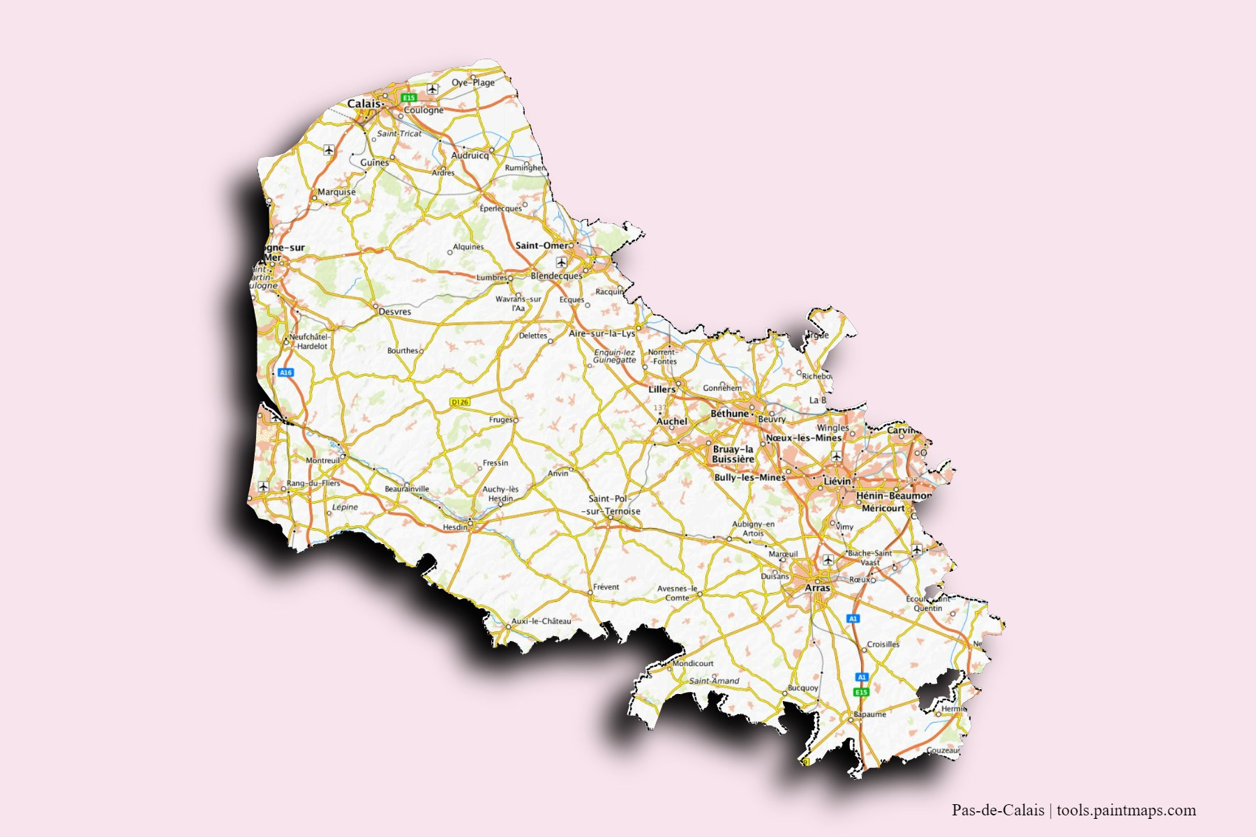 Pas-de-Calais and counties map with 3D shadow effect