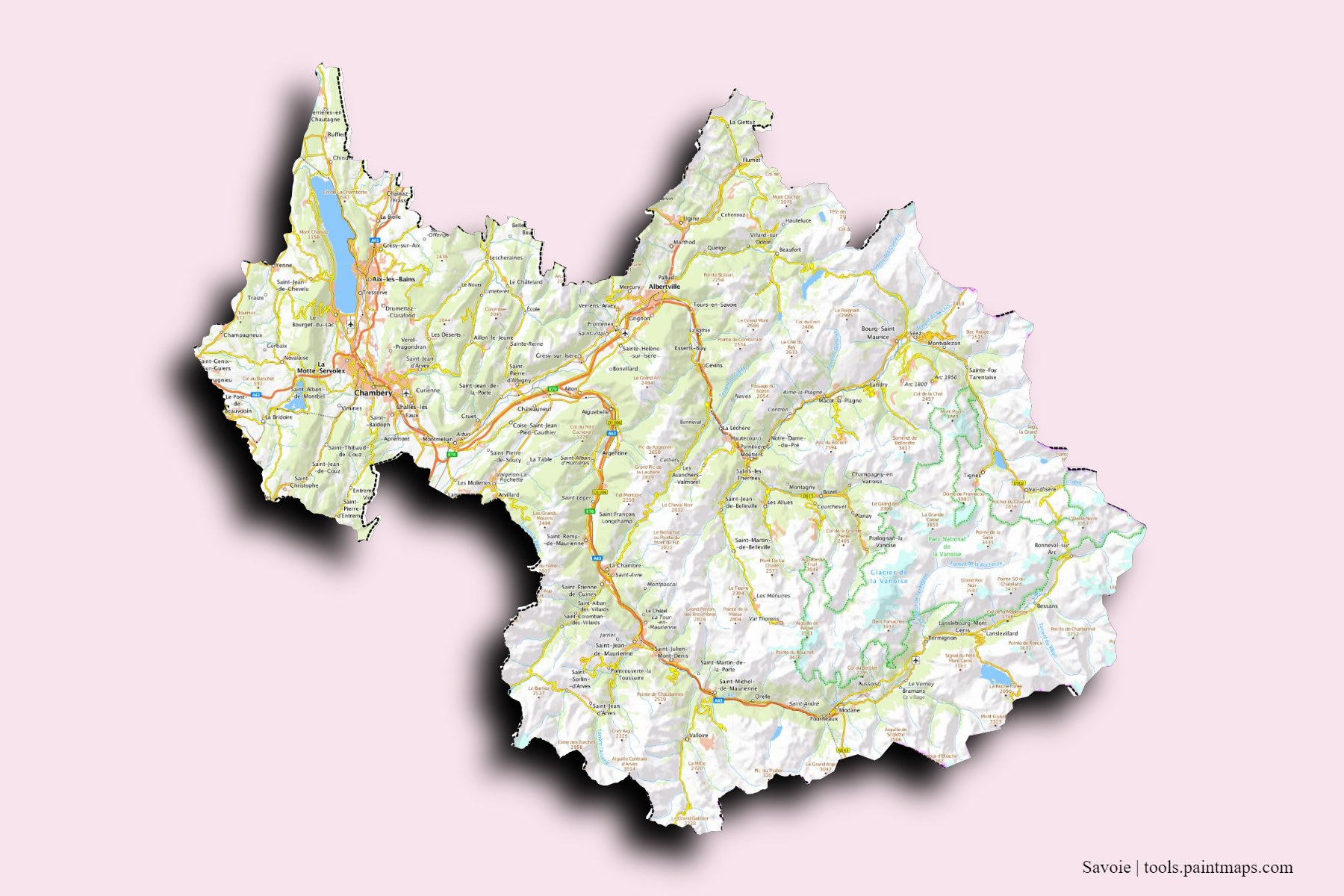 Savoie and counties map with 3D shadow effect