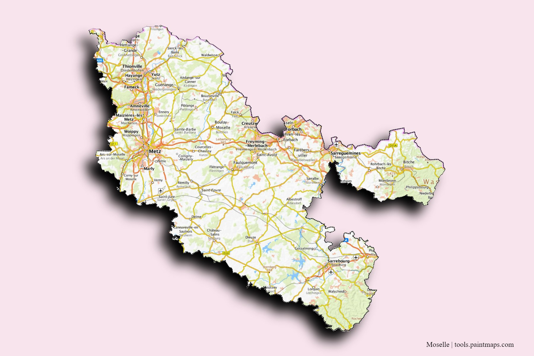 3D gölge efektli Moselle Nehri ve ilçeleri haritası