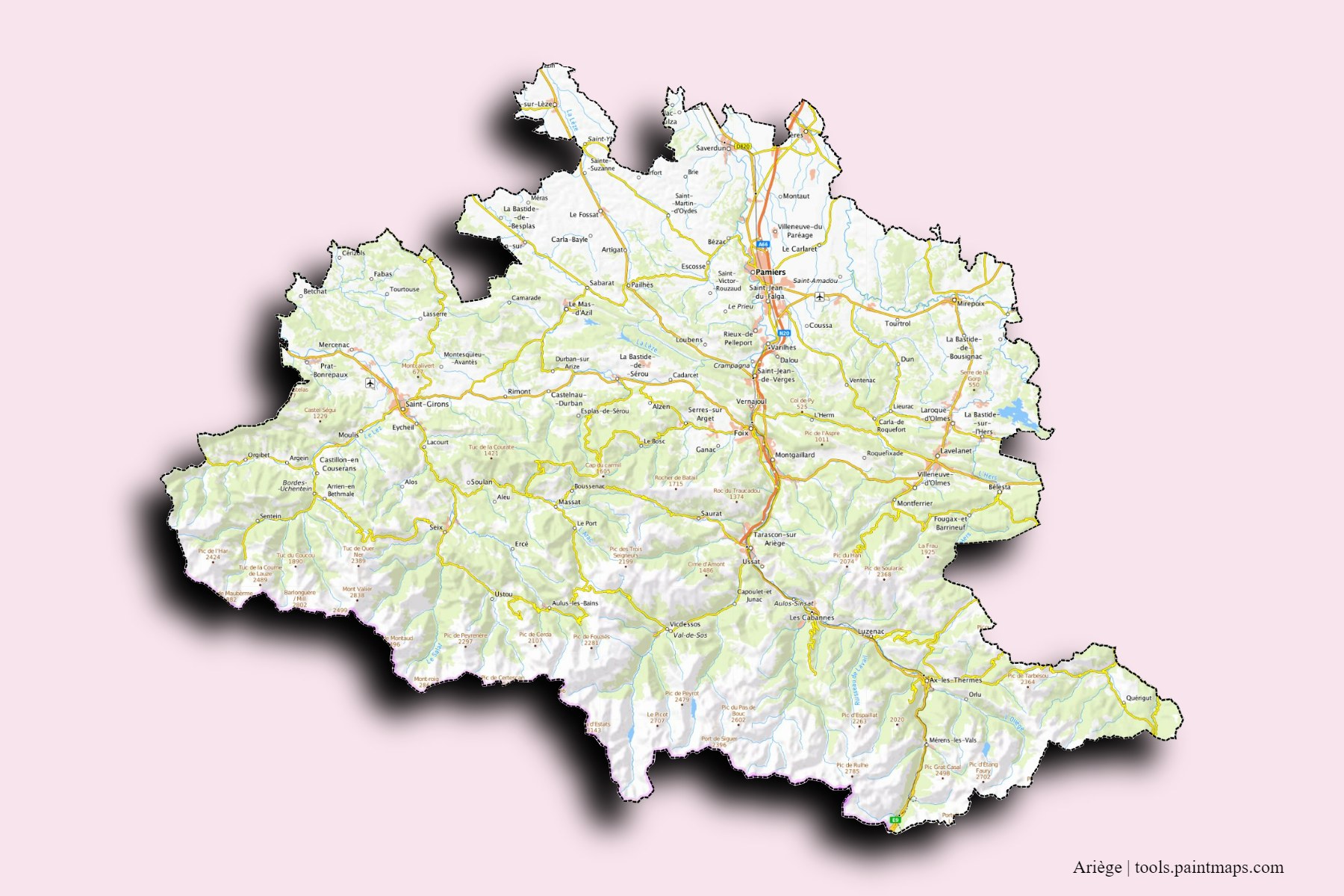 Ariège and counties map with 3D shadow effect