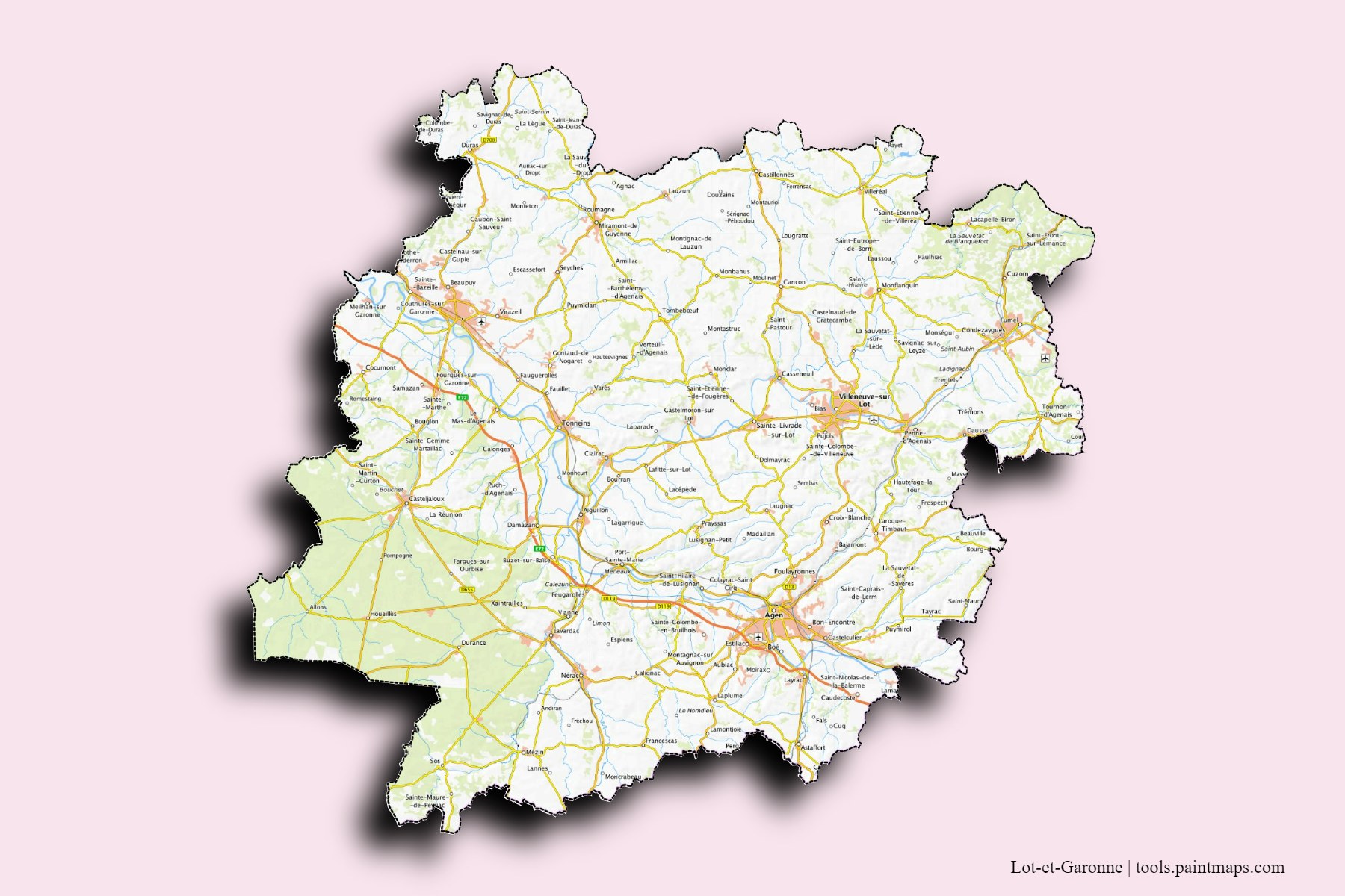 Lot-et-Garonne and counties map with 3D shadow effect