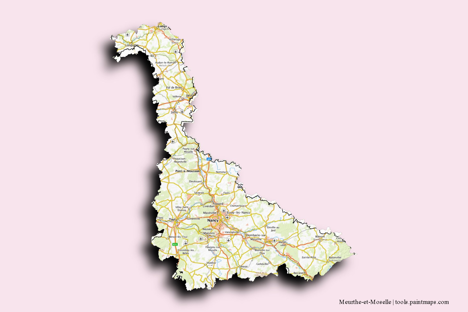 Mapa de Meurthe-et-Moselle y sus distritos con efecto de sombra 3D