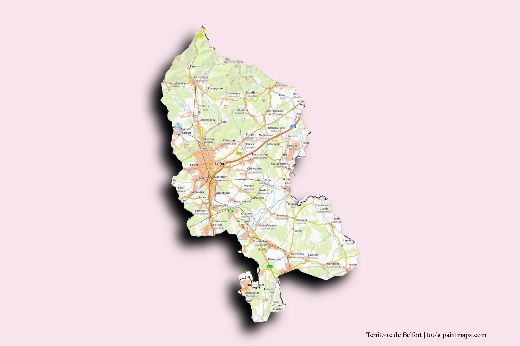 Mapa de Territoire de Belfort y sus distritos con efecto de sombra 3D