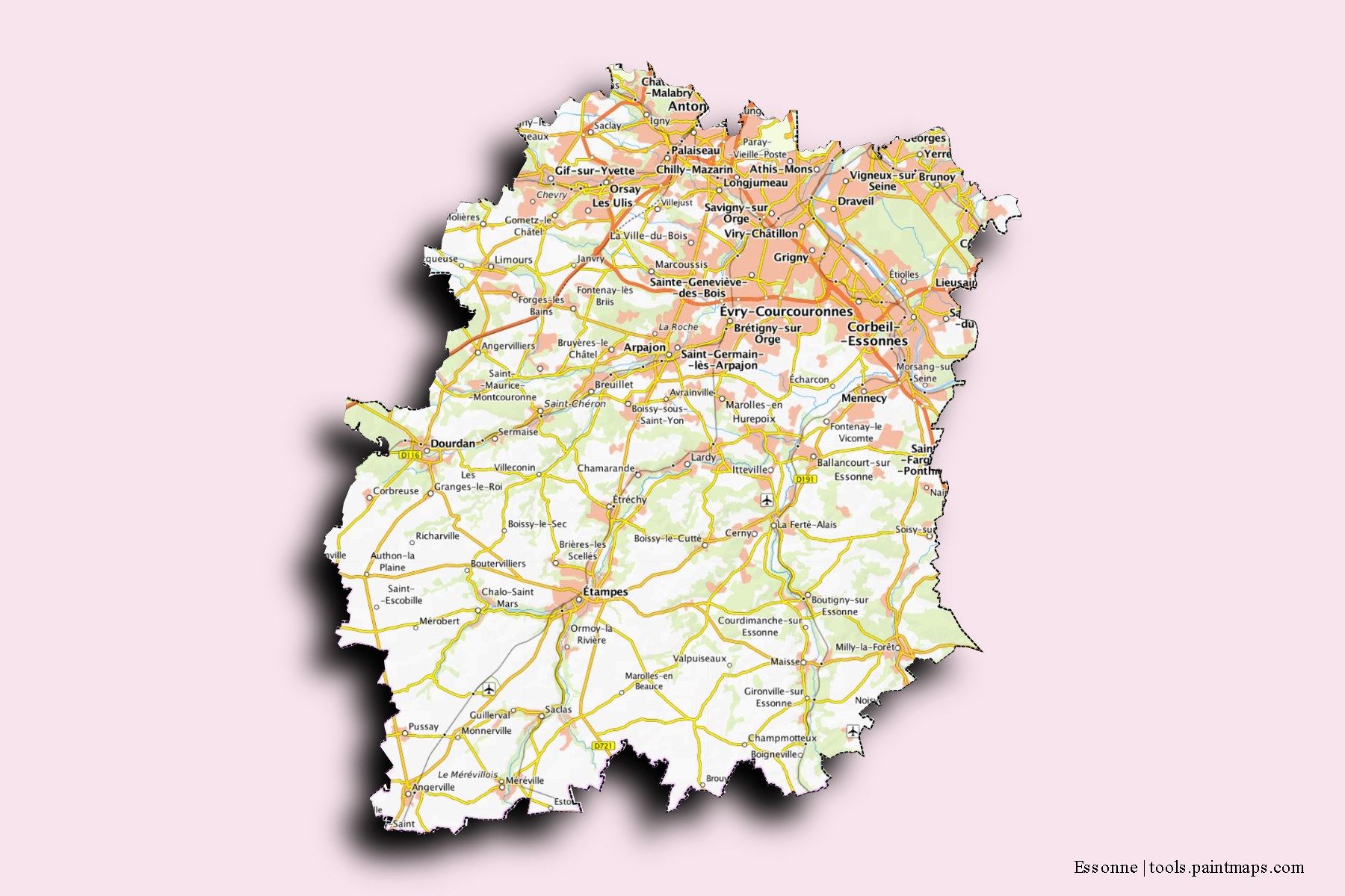 Essonne and counties map with 3D shadow effect