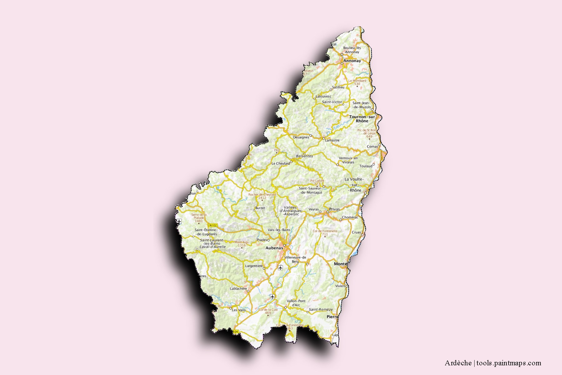 Ardèche and counties map with 3D shadow effect