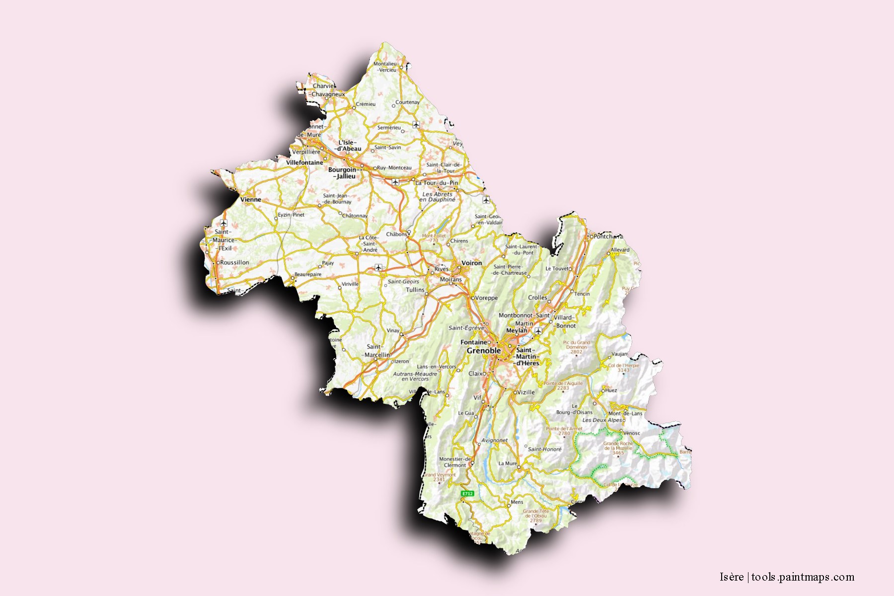 Isère and counties map with 3D shadow effect