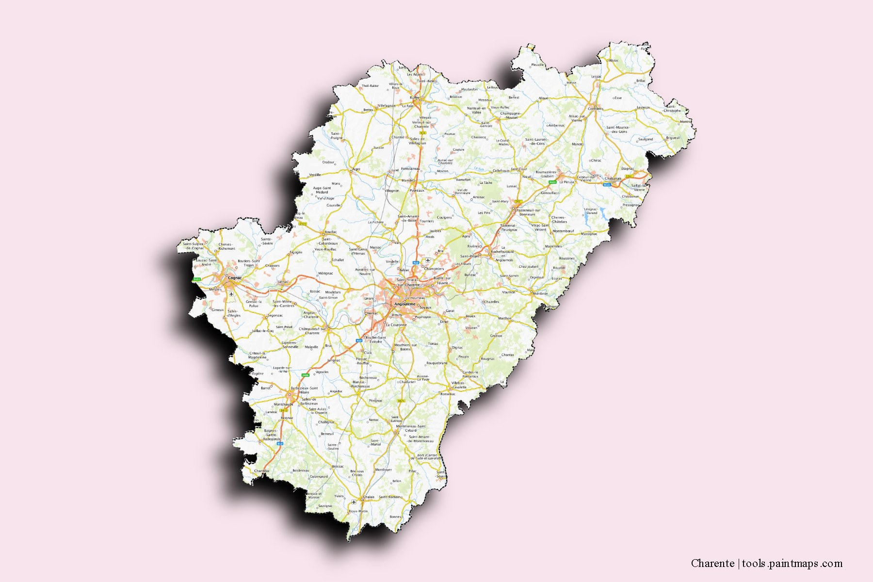 Charente and counties map with 3D shadow effect