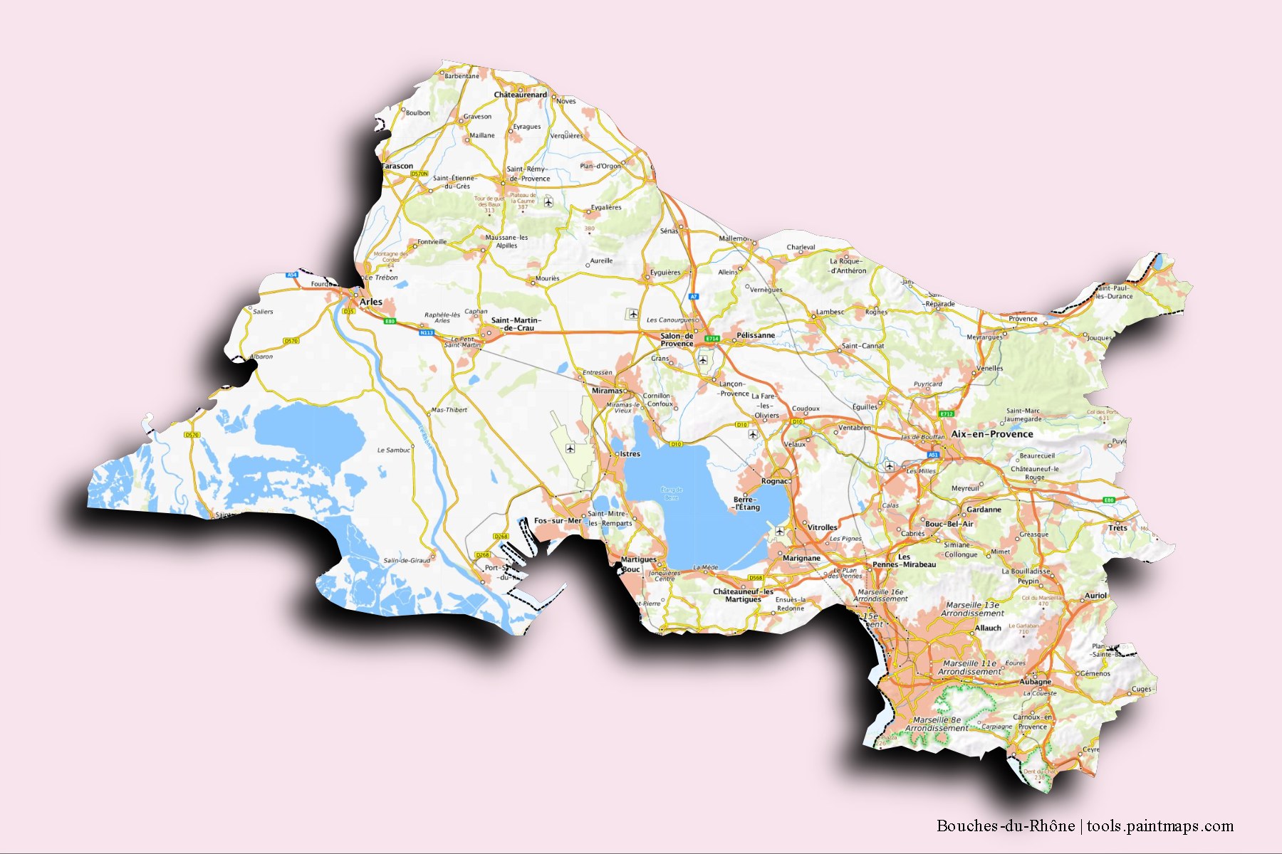 Mapa de Bouches-du-Rhône y sus distritos con efecto de sombra 3D
