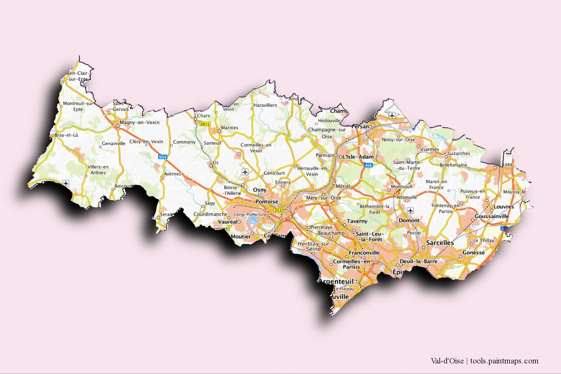 Val-d'Oise and counties map with 3D shadow effect