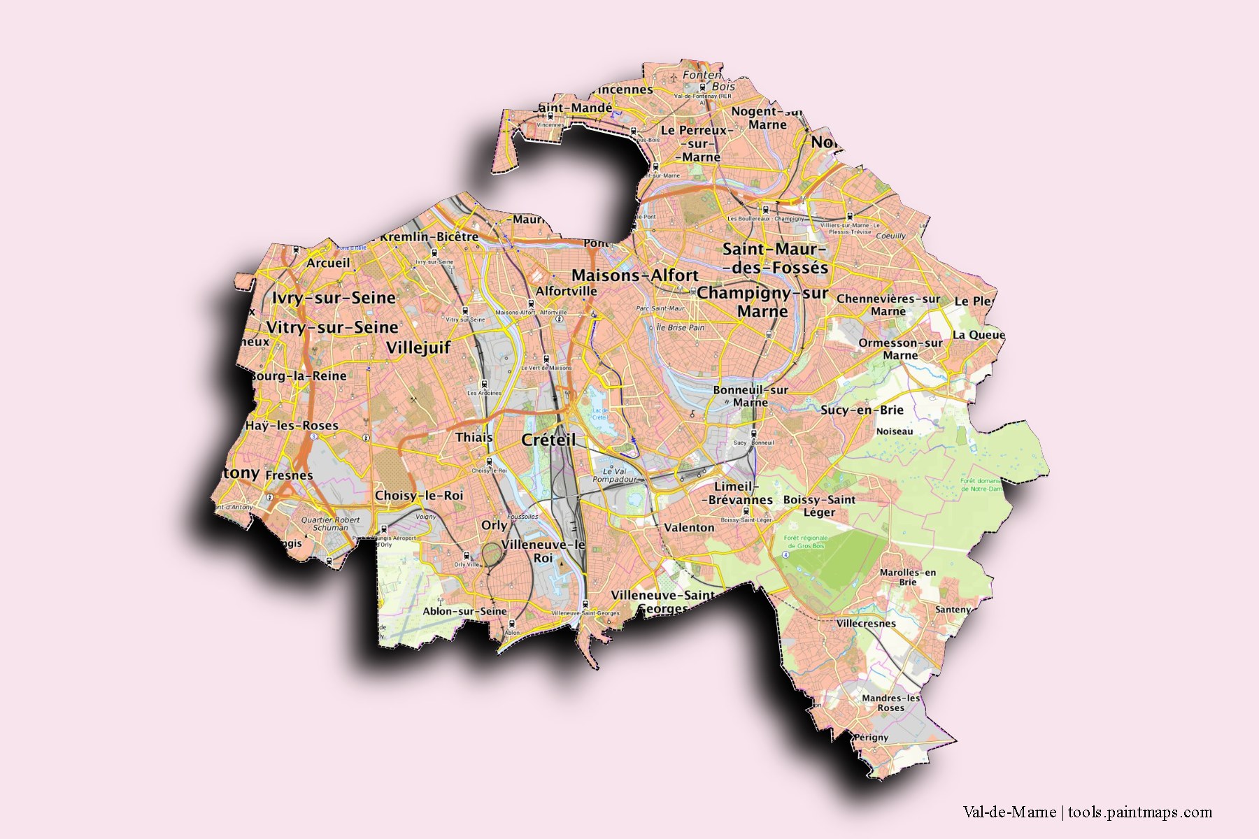 Mapa de Val-de-Marne y sus distritos con efecto de sombra 3D