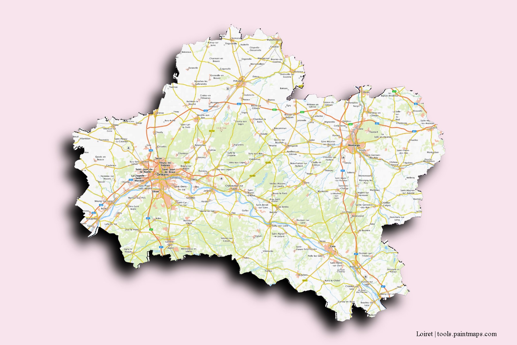 Loiret and counties map with 3D shadow effect