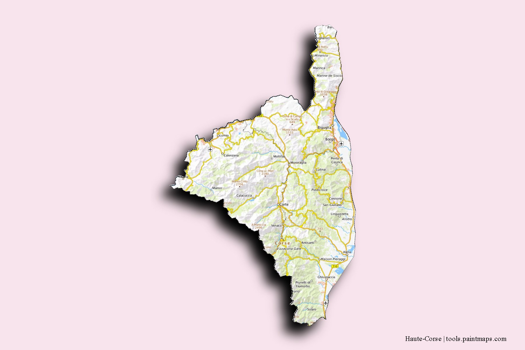 Haute-Corse and counties map with 3D shadow effect