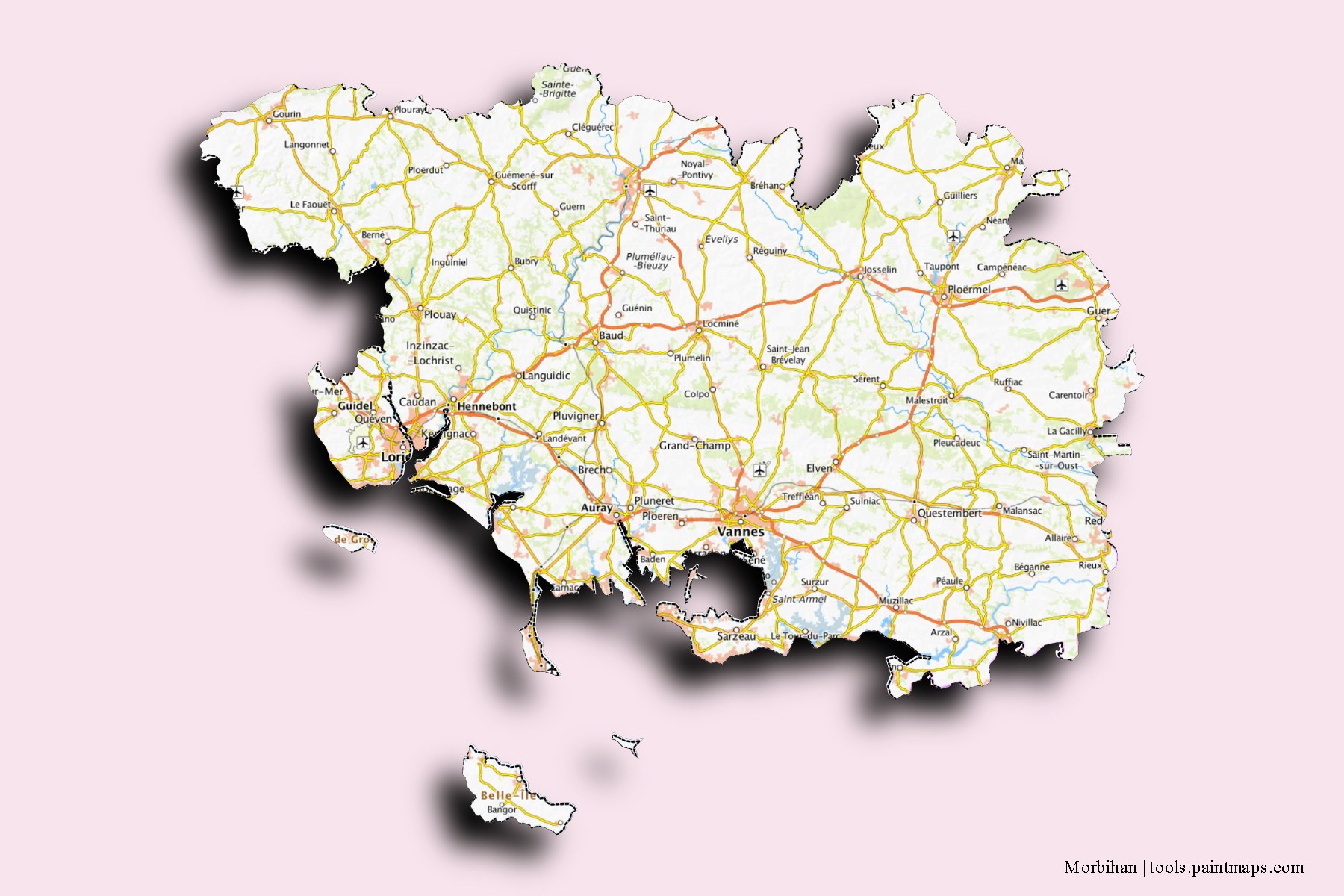 Mapa de Morbihan y sus distritos con efecto de sombra 3D