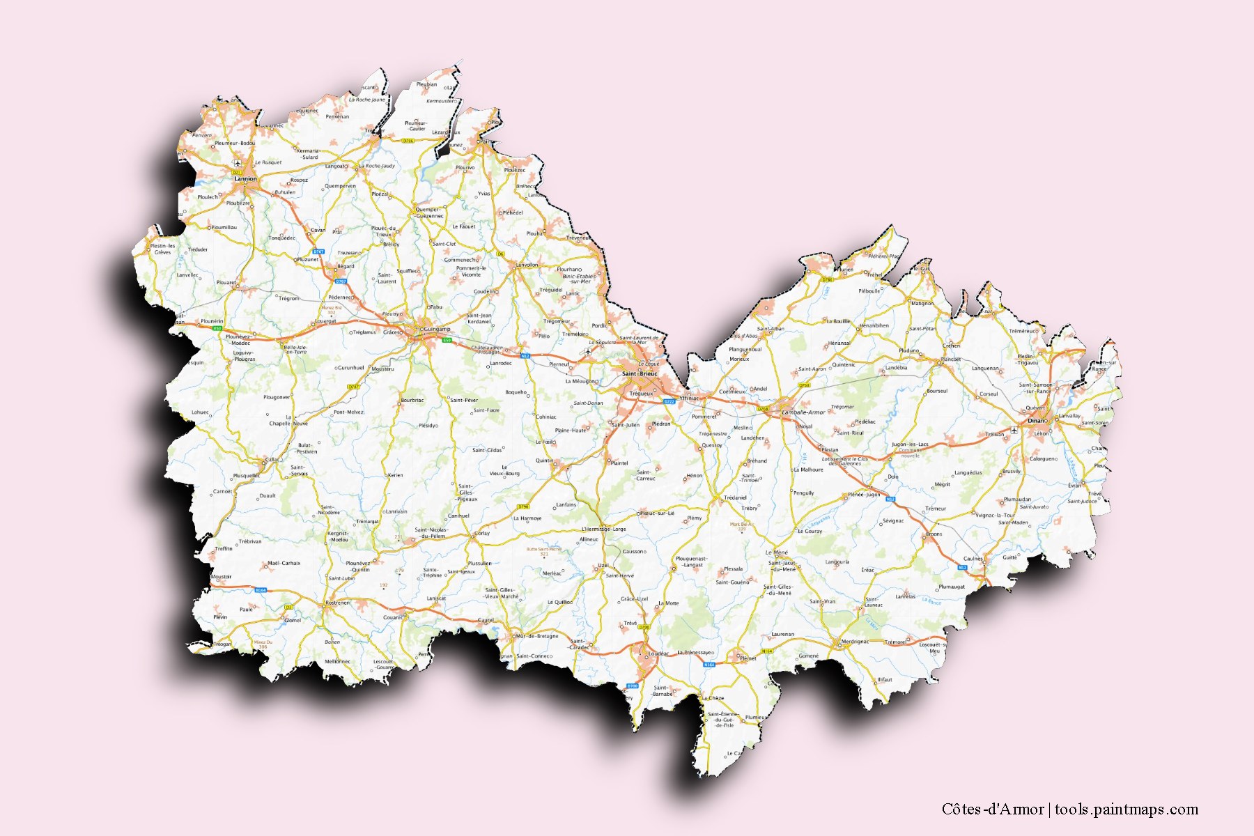 Côtes-d'Armor and counties map with 3D shadow effect