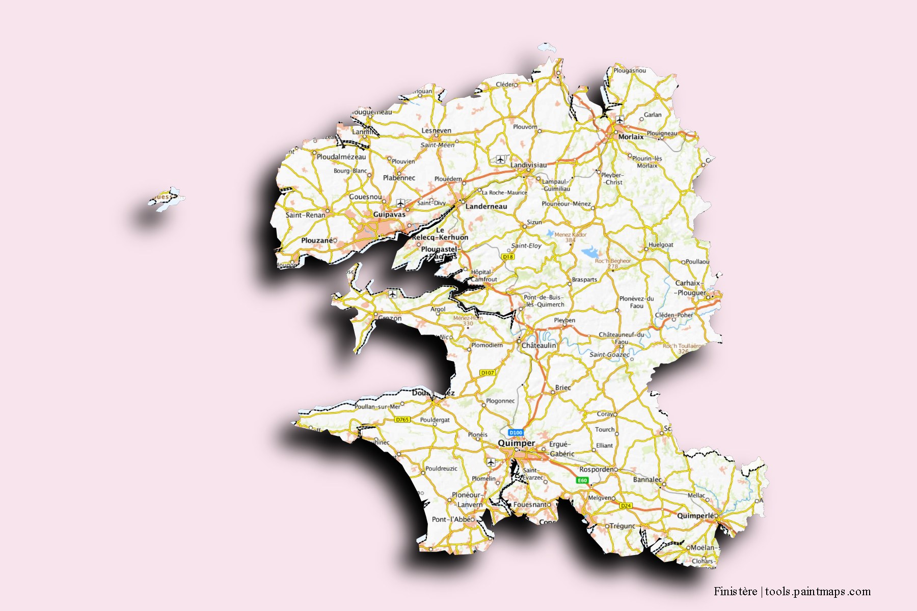 Finistère and counties map with 3D shadow effect