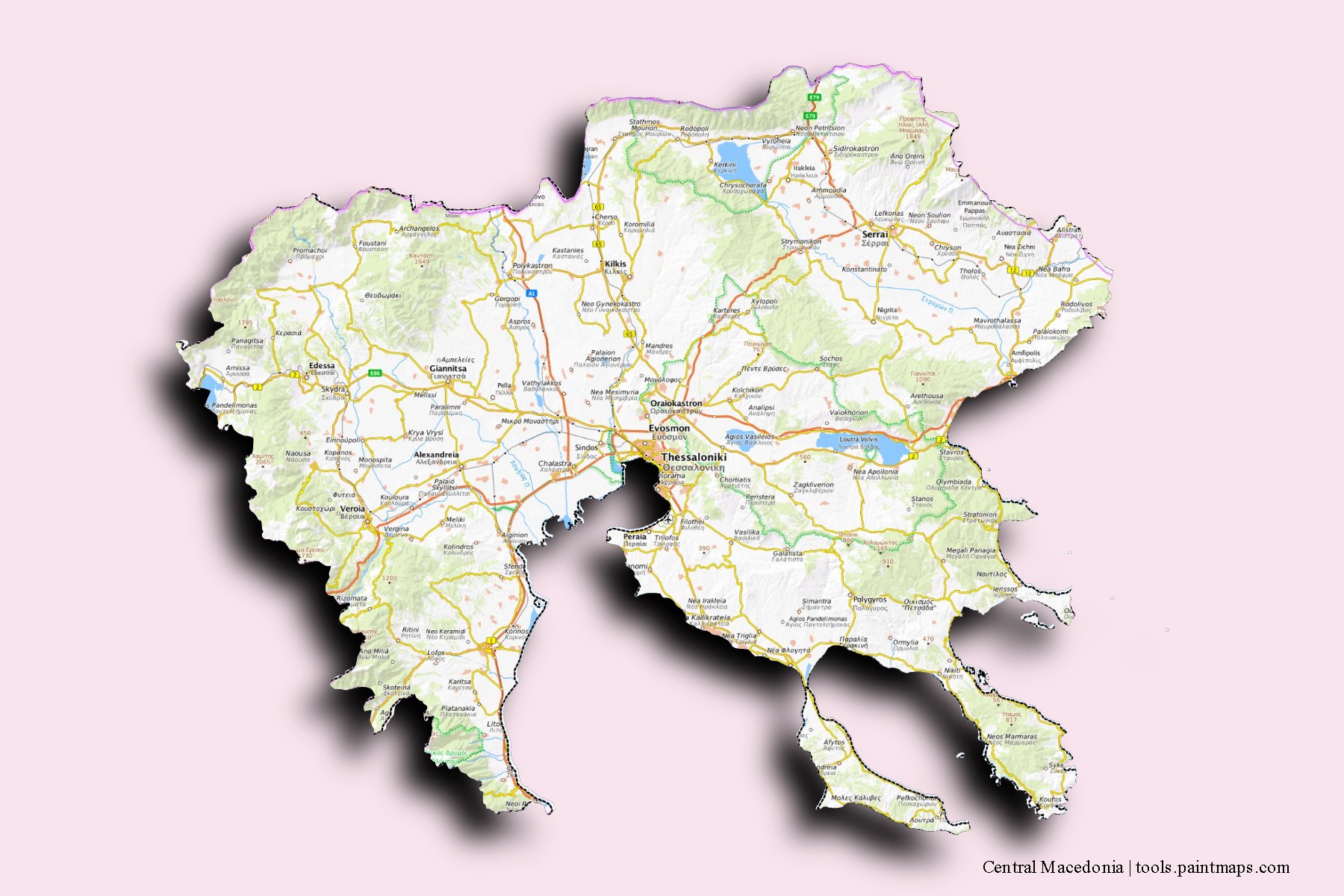 Central Macedonia and counties map with 3D shadow effect