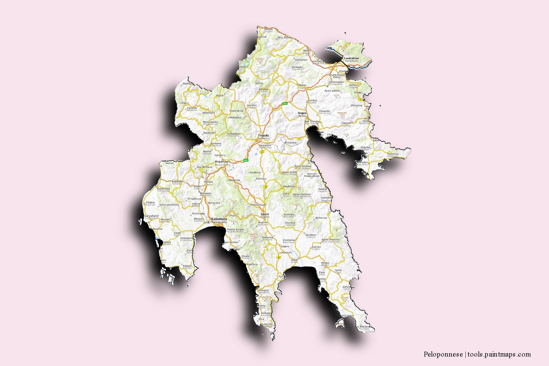 Peloponnese and counties map with 3D shadow effect