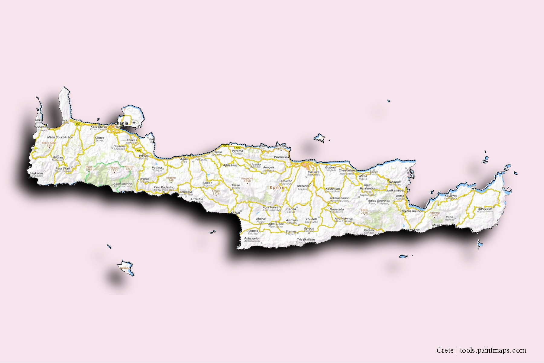 Crete and counties map with 3D shadow effect